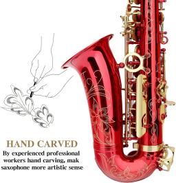 Saxofone Eb Alto vermelho para iniciantes e adultos, latão E Flat, saxofone tipo chave, instrumento de sopro com estojo, alça, peças de luva - Image 5