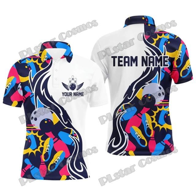 Camisa Polo Masculina Azul Camo 3D Personalizada para Jogadores de Boliche - Casual e Ideal para Verão