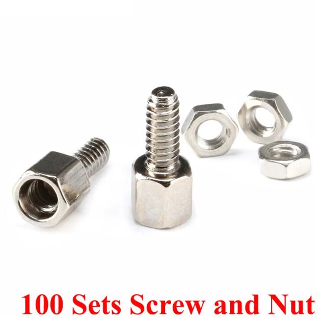 Conjunto de 100 Parafusos e Porcas para Conectores D-Sub VGA, DB9, DB15, DB25, RS232 e COM Serial - Espaçamento de Cabeça Sextavada 5mm e 7mm