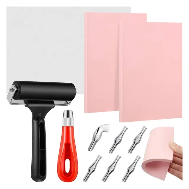 Kit Completo para Fabricação de Carimbos de Borracha com 6 Lâminas de Cortador Linóleo e Ferramentas de Impressão para Escultura Artesanal