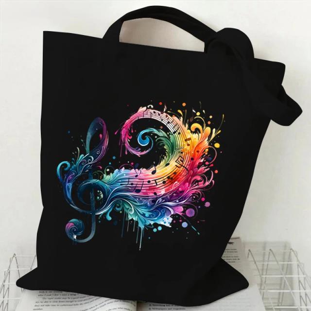Bolsa de Lona Feminina com Estampa de Notação Musical em Aquarela - Estilo Moderno para Adolescentes e Adultas