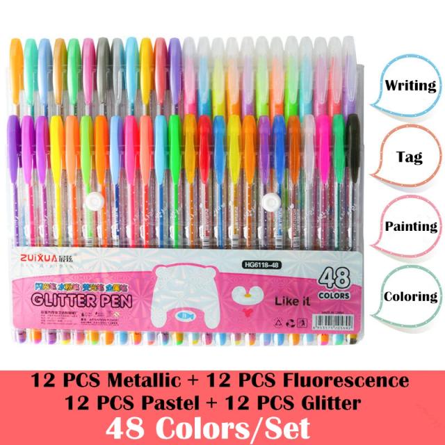 Conjunto de Canetas Gel Glitter para Adultos - Ideal para Colorir Livros, Desenhos e Rabiscar em 12, 24, 36 ou 48 Cores