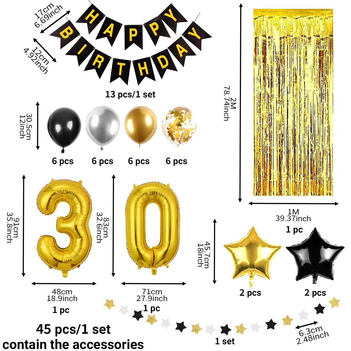 Kit balão confete de látex, preto e dourado, decoração de festa de aniversário, aniversário adulto, feliz 30, 40, 50 anos, 45 peças por conjunto - Image 1