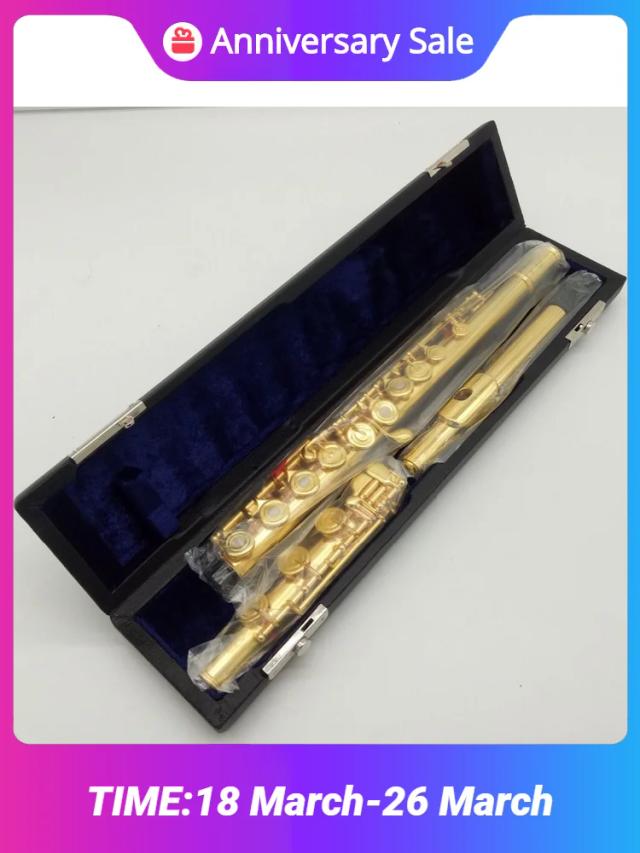 Flauta Profissional BC6020 Banhada a Ouro com Botão Francês e Mecanismo B de 17 Buracos Abertos