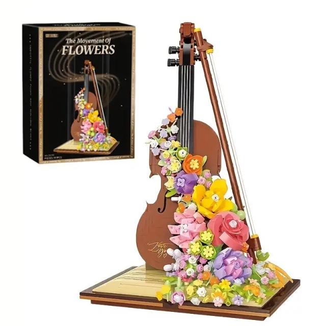 Mini Piano Violino de Blocos de Construção: Instrumento Musical DIY com Flor Preservada e Cachoeira - Brinquedo Infantil Criativo para Presentes de Férias