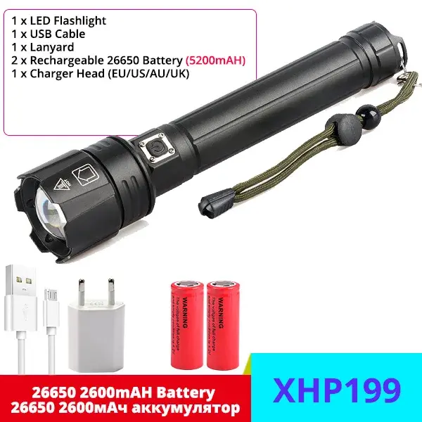 Lanterna LED Recarregável USB com Zoom, 3 Modos e Baterias 18650/26650 - Ideal para Camping e Aventura 
