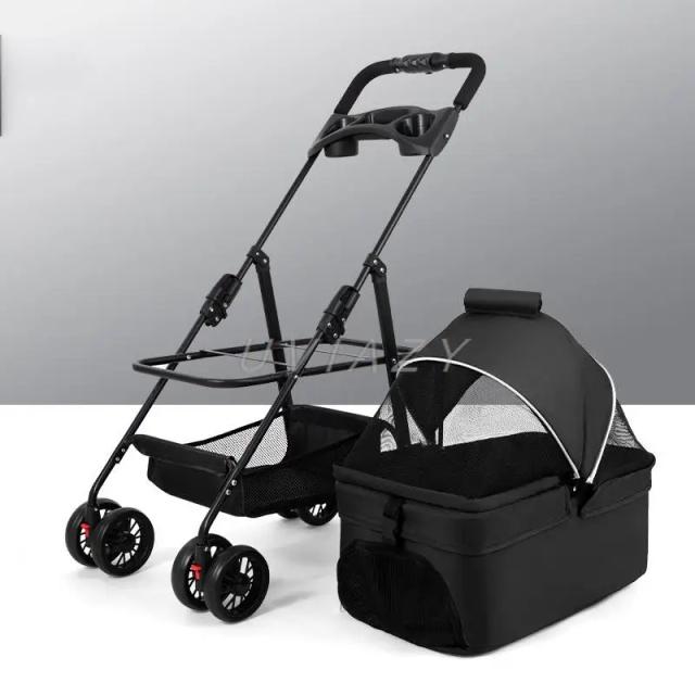 Carrinho Dobrável Multifuncional para Animais de Estimação com 4 Rodas, Portátil e com Transportadora Destacável para Cães Pequenos e Gatos