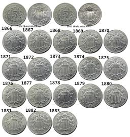 Cinco Cents Moedas De Cópia De Níquel, EUA Um Conjunto de 1866-1883, 20Pcs - Image 1
