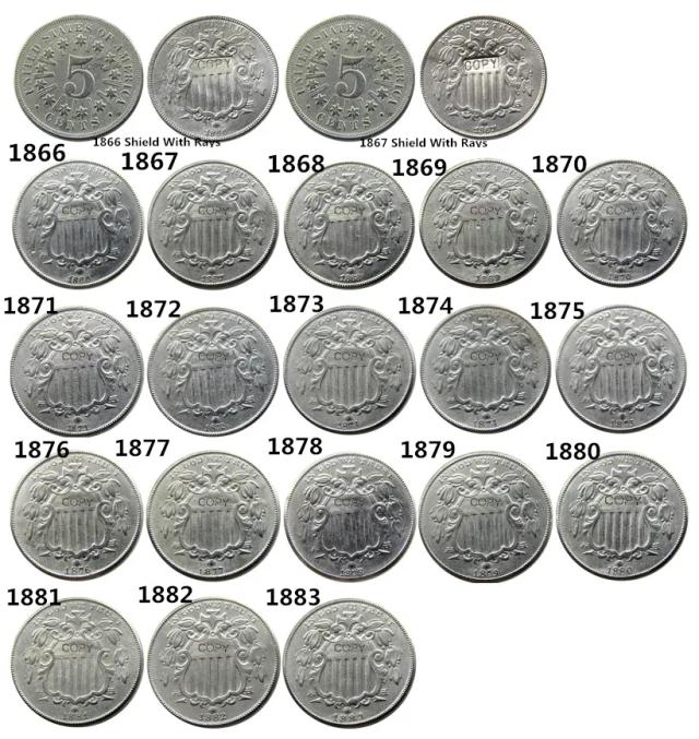 Conjunto de 20 Moedas de Cópia de Níquel dos EUA, 1866-1883, Cinco Centavos