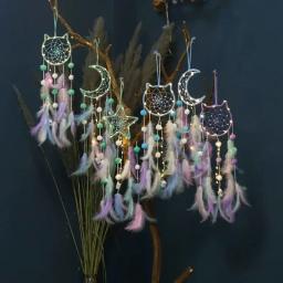 Bonito apanhador de sonhos para pendurar decoração de casa estrela lua apanhador de sonhos ornamentos de penas pendurado na parede interior decoração da casa do quarto do miúdo - Image 4