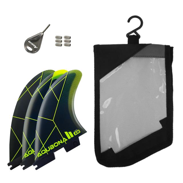 Conjunto Tri Fin AQUBONA para Surf com Desempenho em Fibra de Vidro Honeycomb em Tamanhos Grandes Azul/Amarelo Compatível com Twin Tab