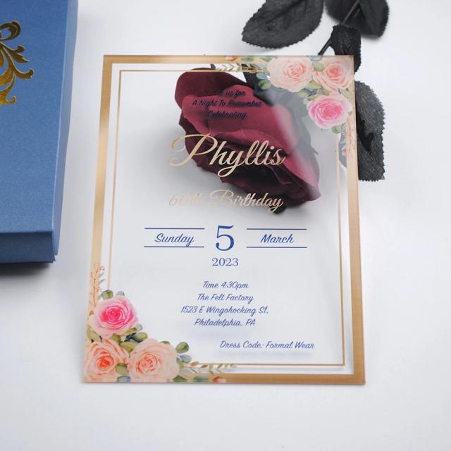 Convite de Casamento em Cartão Acrílico Personalizado com Estampa Floral Elegante