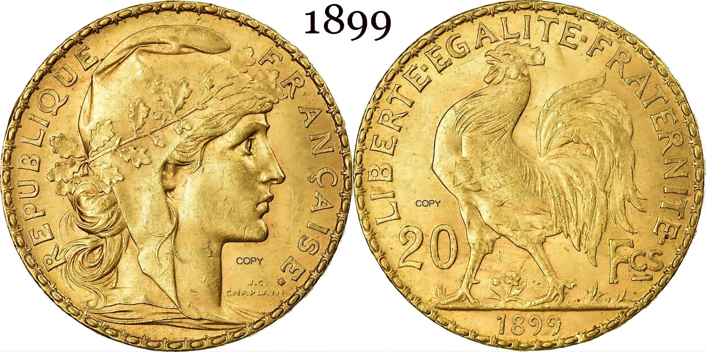 Moedas Comemorativas França, Coleção de Moedas Cópia Metal, Galo Marianne, Ouro, França, 20, 1899 - Image 1