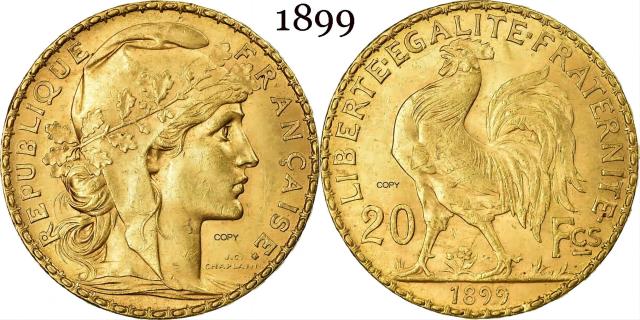 Coleção de Moedas Comemorativas da França: Cópias em Metal do Galo Marianne, Ouro, 20 Francos de 1899