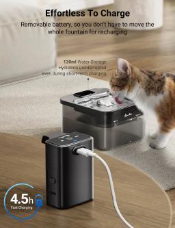 Downypaws-cat water fountain 2.5l, aço inoxidável, 4000mah, sem fio, com bateria e sensor, 2 em 1 dispensador - Image 4