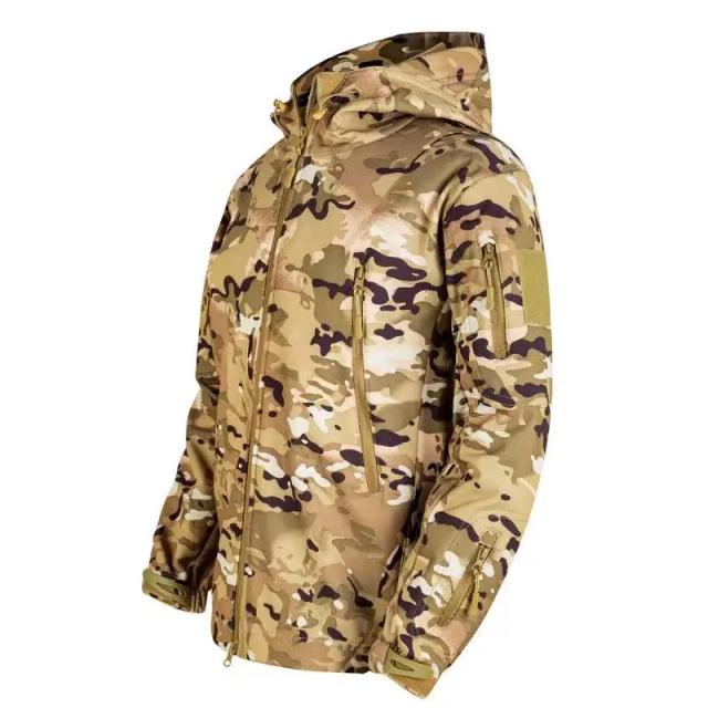 Jaqueta Tática Impermeável para Homens em Soft Shell com Capuz para Camping e Caminhadas, Estilo Camo Fleece