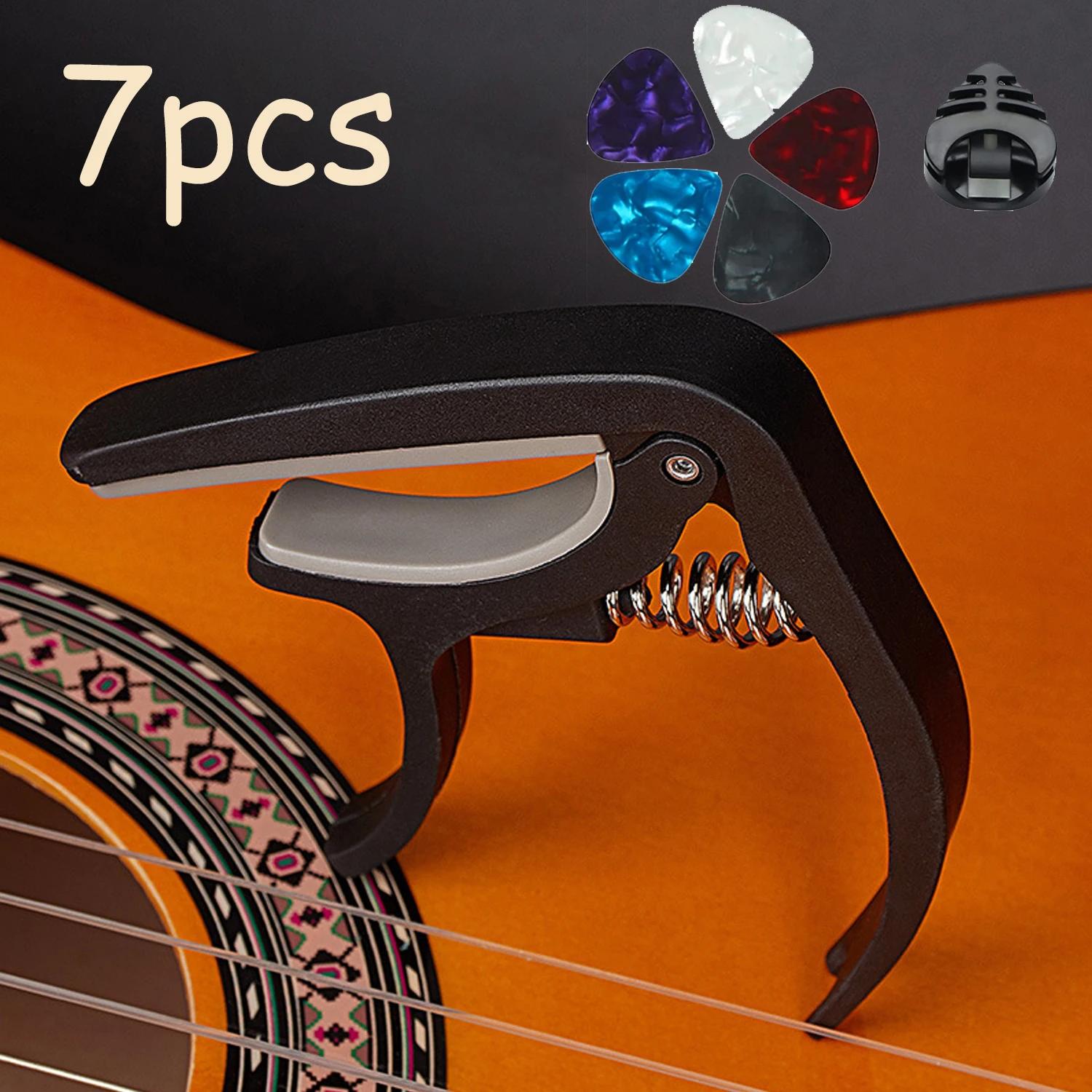 Capo de guitarra acústica ajustável, Capo deslizante movendo-se com 5 picaretas de graça, suporte de 1 picaretas, 4 cordas, 6 cordas, 7pcs - Image 1