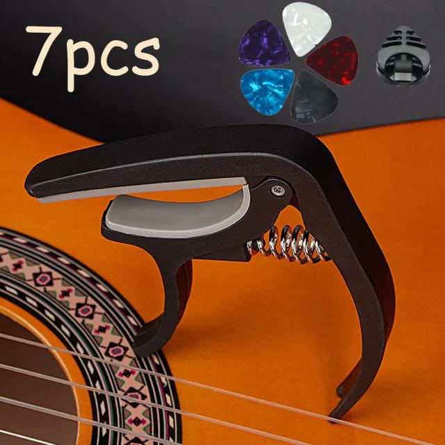 Capo de Guitarra Acústica Ajustável com 5 Palhetas Grátis e Suporte para 4, 6 e 7 Cordas - Kit Completo com 7 Peças