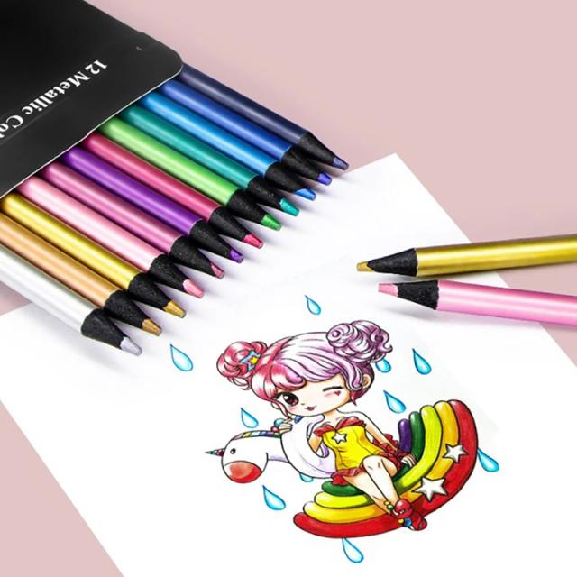 Conjunto de 12 Lápis de Cor Metálicos para Desenho e Esboço - Materiais Profissionais de Arte para Artistas
