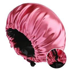 Gorro de cetim de camada dupla ajustável, touca de banho redonda dupla para mulheres, chapéu de poliéster para dormir noturno, forro preto sólido - Image 1
