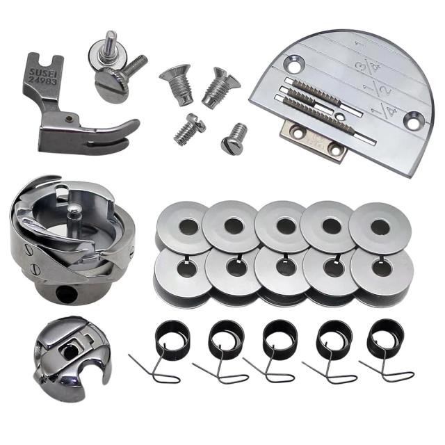Acessórios essenciais para máquinas de costura industrial: Estojo de bobinas, placa de agulha e gancho giratório para Singer e Juki