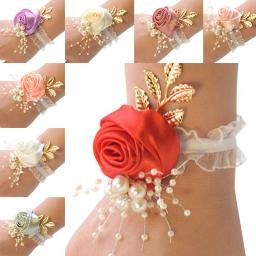 Meninas dama de honra pulso flores casamento baile festa boutonniere cetim rosa pulseira tecido mão flores casamento abastecimento acessórios - Image 1