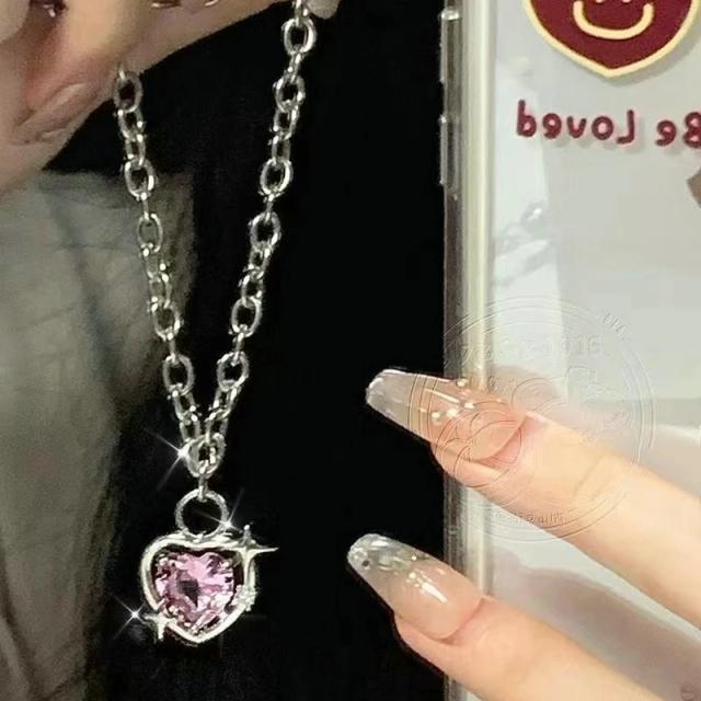 Colar pingente de coração de cristal zircão para mulheres Y2K Pink Heart, elegante corrente de clavícula feminina, joalheria, moda coreana