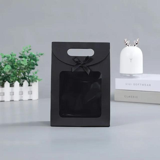 Conjunto de 12 Sacos de Presente de Papel Kraft com Janela Clara e Alça para Doces e Biscoitos - Eid Mubarak - Preto e Branco