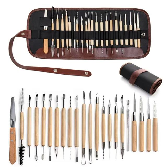 Kit Completo de Ferramentas para Escultura em Argila e Cerâmica - 22 Peças para Modelagem e Acabamento com Acessórios de Madeira