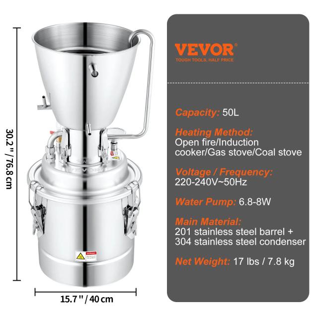 Kit Destilador de Álcool VEVOR com Tubo de Aço Inox e Silêncio de Água para Destilação Doméstica - 50L com Bomba Circuladora 304