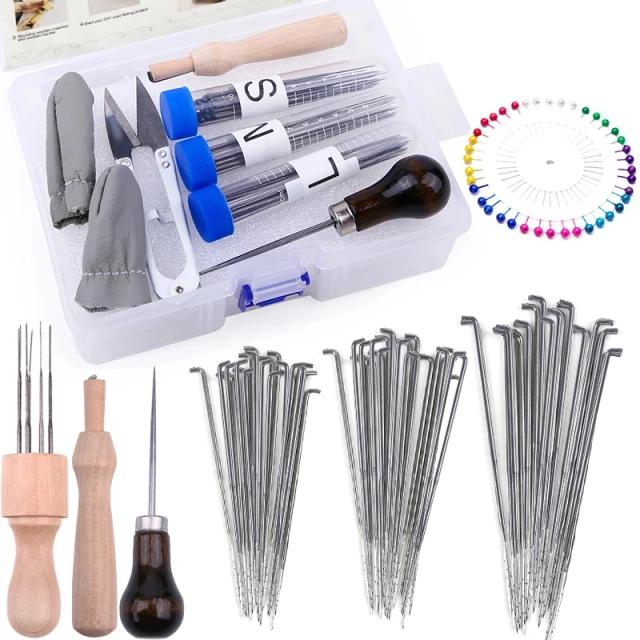 Kit Completo de Ferramentas para Feltragem de Lã com Cabo de Madeira - 60 a 70 Peças para Iniciantes em DIY