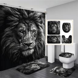 Cortinas De Chuveiro Impressas 3D, Conjunto De Cortinas De Banheiro, Tampa Do Toalete, Tapete De Banho, Tapetes, Animal Preto, Leão, Leopardo e Tigre - Image 3