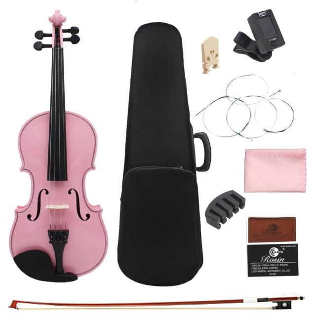 Violino Profissional Completo para Iniciantes com Estojo, Arco, Cordas e Acessórios em Rosa 4/4