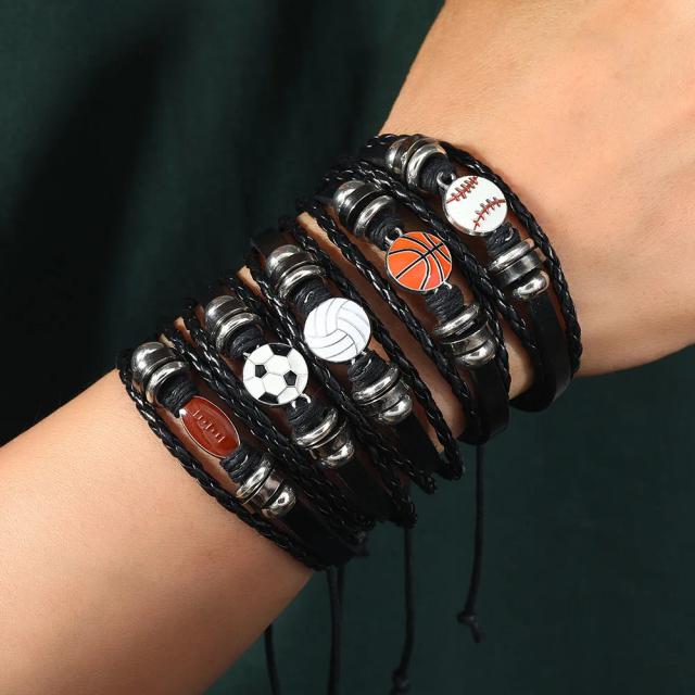 Pulseira esportiva de couro vintage unissex com charme - ideal para amantes de esportes como voleibol, futebol, basquete, beisebol e rugby, conjunto de 5 peças em jóias da moda