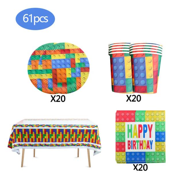 Decoração de Festa de Aniversário com Louça Descartável, Brinquedos de Blocos de Montar e Artigos Temáticos para Crianças