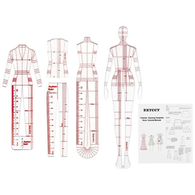 Régua de Costura Manequim em 4 Unidades com Ilustrações para Alfaiataria e Design