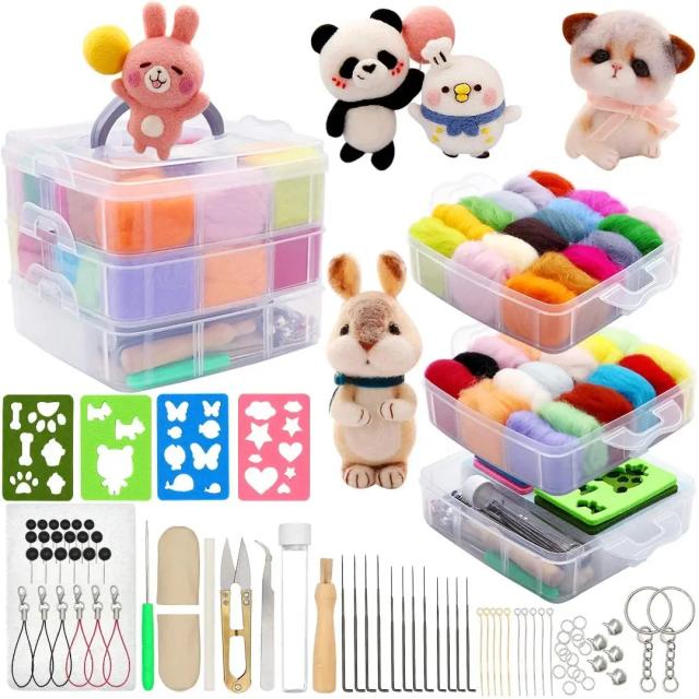 Kit Iniciante de Felting: 109 Peças com 36 Cores de Lã Roving e Ferramentas em Caixa de Armazenamento