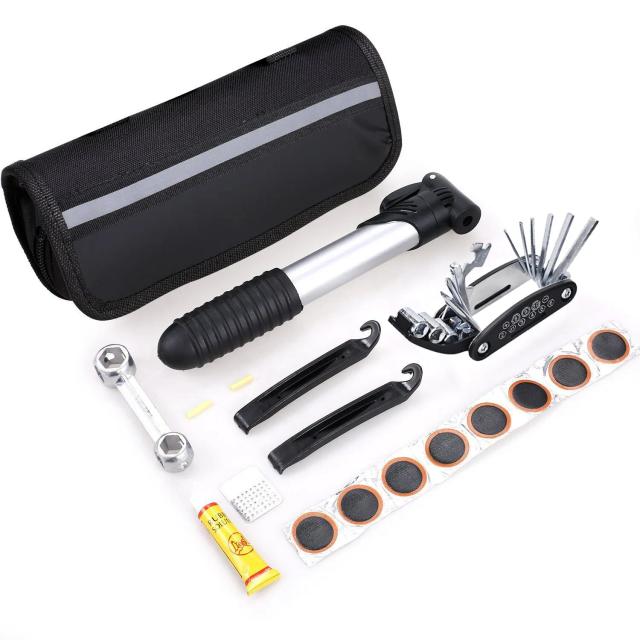 Conjunto Completo de Ferramentas de Reparo para Bicicletas com Inflador e Bolsa para Mountain Bikes