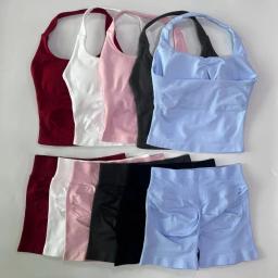 Halter superior com tiras sutiã shorts conjunto yoga estiramento ginásio conjunto feminino roupas de treino sem costura sem costas colete hip-lifting leggings shorts - Image 3