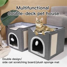 Ninho de cama para gatos, casa dobrável para caverna de gatinho, camada dupla, casinha quente de inverno com almofada para arranhões - Image 1