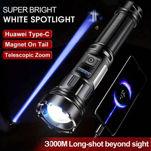 Lanterna LED Recarregável Super Brilhante com Zoom e 7 Modos, Feixe de Longo Alcance e Luz COB Ideal para Todas as Situações