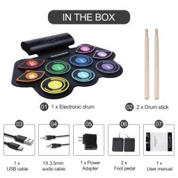 Roll Up kit de bateria com baquetas sustentar pedal, alto-falante embutido, conjunto de bateria eletrônica para crianças, 9 almofadas - Image 5