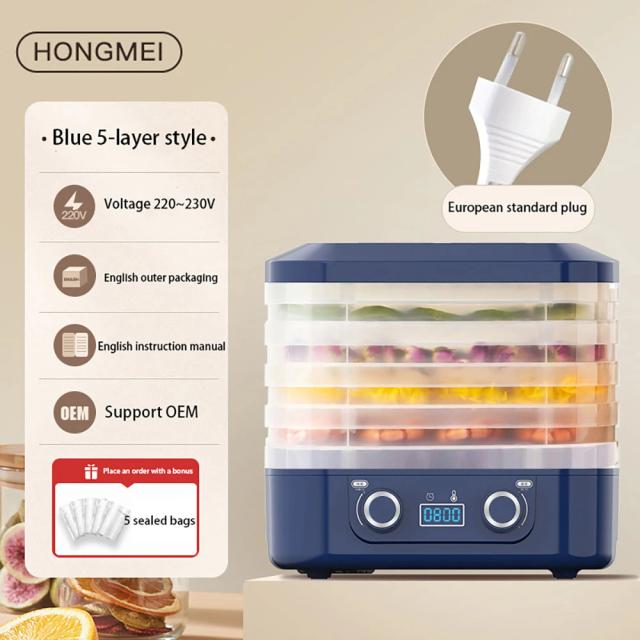 Desidratador Elétrico Multifuncional para Alimentos: Frutas, Vegetais, Carne Secas e Chá - 220V/110V com 5 Pratos Inclusos