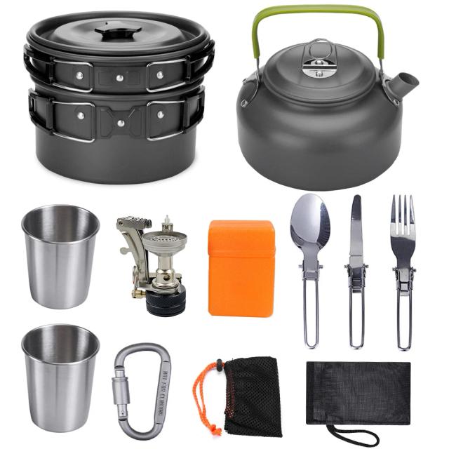 Conjunto Completo de Panelas para Acampamento para 2-3 Pessoas em Liga de Alumínio e Aço Inoxidável com Chaleira, Utensílios e Fogão Portátil