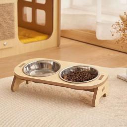 Tigela dupla para gatos, tigela elevada inclinada única/dupla para animais de estimação, tigela de comida de aço inoxidável, suporte de madeira, alimentador de cães, suprimentos para gatos - Image 5