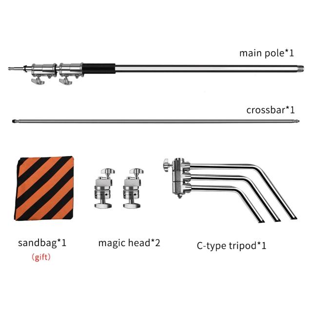 Tripé Profissional de Fotografia Inoxidável de 260 cm com Suporte para Luz e Braço de Lança para Estúdio Fotográfico e Softbox
