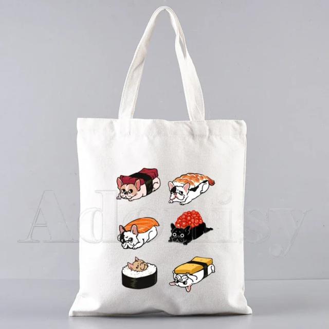 Saco de Compras de Tecido de Juta Personalizado com Estampa de Buldogue Francês - Bolsa de Mercearia Estilizada