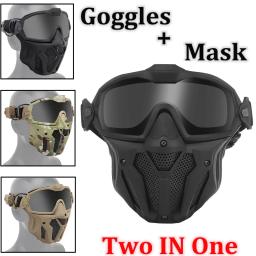Conjunto de meia máscara tática e óculos destacáveis, caça ao ar livre, airsoft, paintball, rosto inteiro, máscaras de proteção com micro ventilador - Image 1