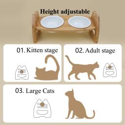 Tigela dupla cerâmica com suporte de madeira para animais de estimação, proteção do pescoço, bacia para cães e gatos, inclinação ajustável, tigelas separadas, acessórios para animais - Image 4