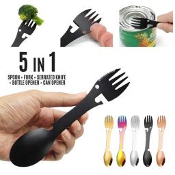 Multi-Funcional EDC kit prático para camping, ferramentas de sobrevivência ao ar livre, garfo, faca, colher, garrafa, abridor de lata, 5 em 1 - Image 1